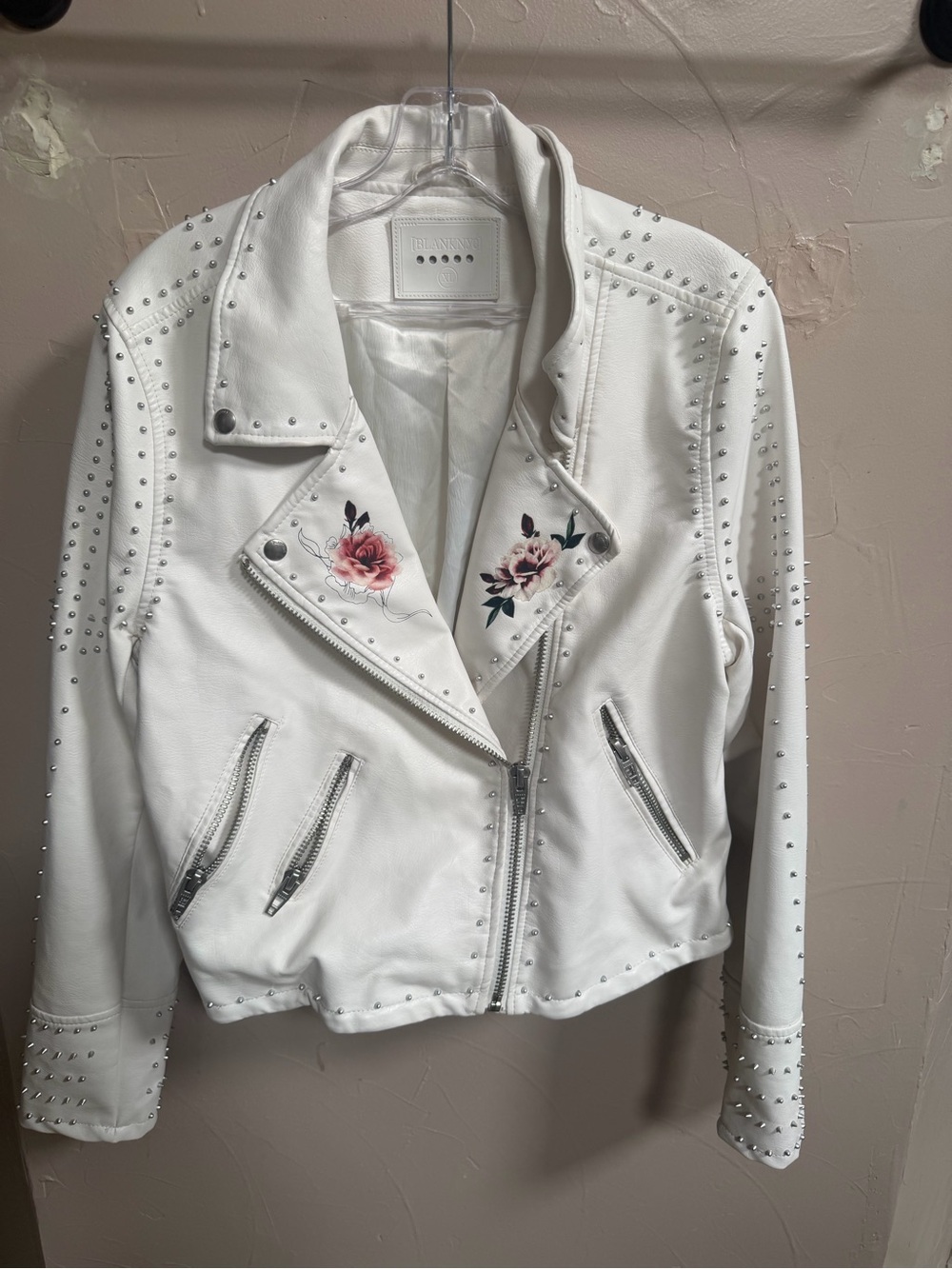 BLankNYC Women's White Studded Floral Moto Jacket size L